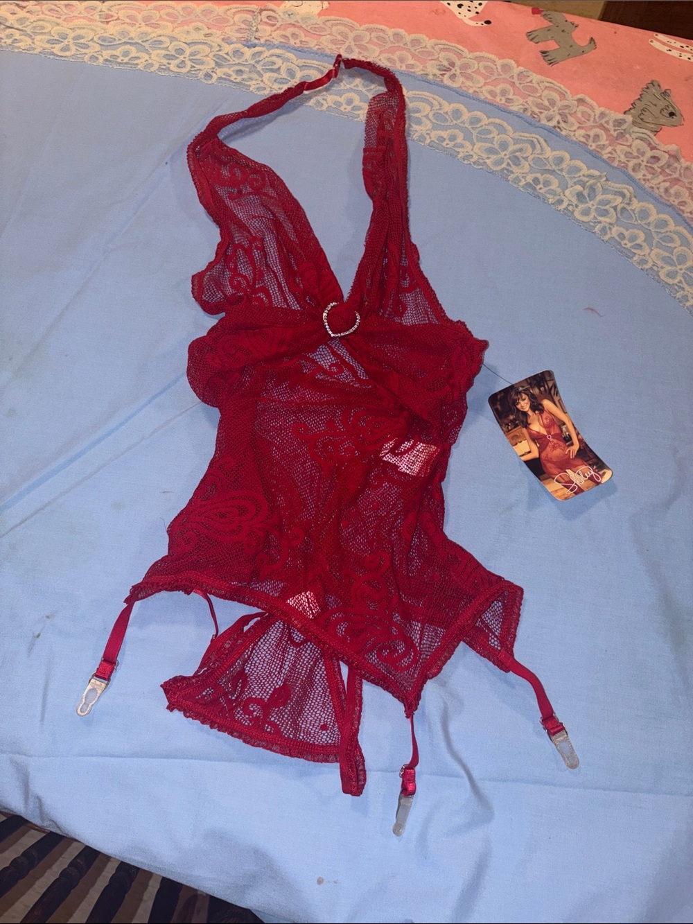 Red Lace Halter Teddy Bodysuit new